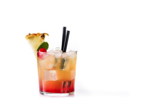 Cold mai tai cocktail with pineapple and cherry isolated on white background