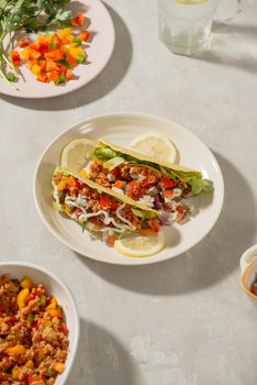 Mexican pork tacos with vegetables. Delicious tacos