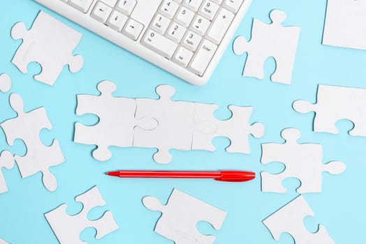 Building An Unfinished White Jigsaw Pattern Puzzle With Missing Last Piece