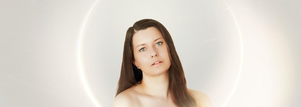 Suntan skin tone and beauty routine. Beautiful brunette female model with natural tan, face portrait of young woman.