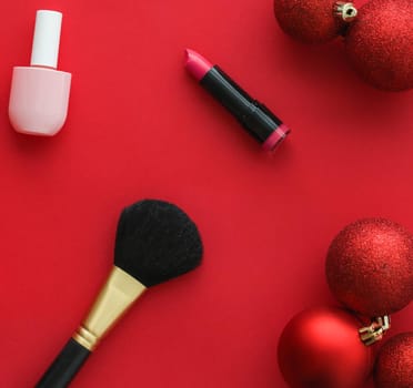 Cosmetic branding, fashion blog cover and girly glamour concept - Make-up and cosmetics product set for beauty brand Christmas sale promotion, luxury red flatlay background as holiday design