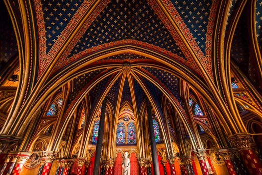 PARIS, FRANCE, MARCH 16, 2017 : Interiors and architectural details of the Sainte Chapelle church, built in 1239, march 16, 2017 in Paris, France.