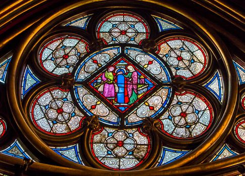 PARIS, FRANCE, MARCH 16, 2017 : Interiors and architectural details of the Sainte Chapelle church, built in 1239, march 16, 2017 in Paris, France.