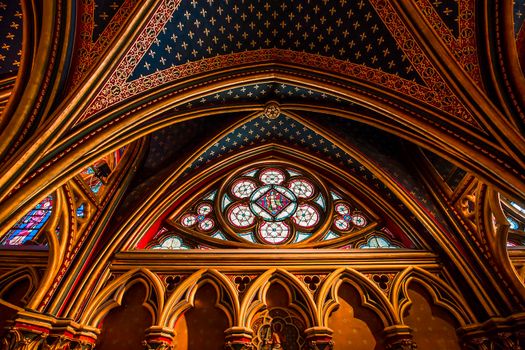 PARIS, FRANCE, MARCH 16, 2017 : Interiors and architectural details of the Sainte Chapelle church, built in 1239, march 16, 2017 in Paris, France.