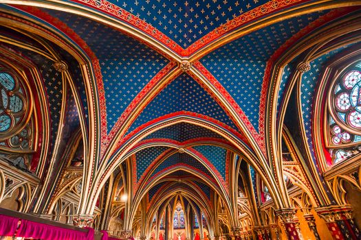 PARIS, FRANCE, MARCH 16, 2017 : Interiors and architectural details of the Sainte Chapelle church, built in 1239, march 16, 2017 in Paris, France.