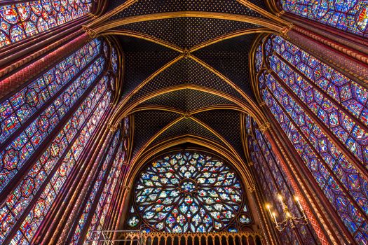 PARIS, FRANCE, MARCH 16, 2017 : Interiors and architectural details of the Sainte Chapelle church, built in 1239, march 16, 2017 in Paris, France.