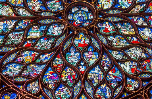 PARIS, FRANCE, MARCH 16, 2017 : Interiors and architectural details of the Sainte Chapelle church, built in 1239, march 16, 2017 in Paris, France.