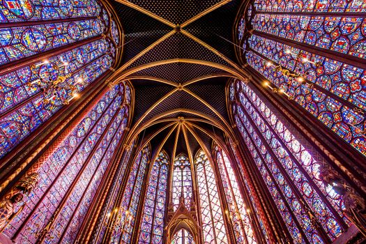 PARIS, FRANCE, MARCH 16, 2017 : Interiors and architectural details of the Sainte Chapelle church, built in 1239, march 16, 2017 in Paris, France.