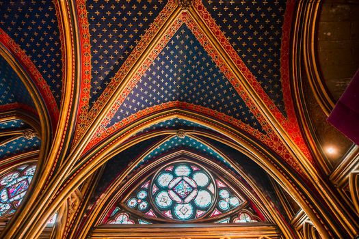 PARIS, FRANCE, MARCH 16, 2017 : Interiors and architectural details of the Sainte Chapelle church, built in 1239, march 16, 2017 in Paris, France.