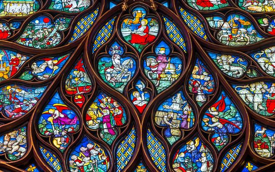 PARIS, FRANCE, MARCH 16, 2017 : Interiors and architectural details of the Sainte Chapelle church, built in 1239, march 16, 2017 in Paris, France.