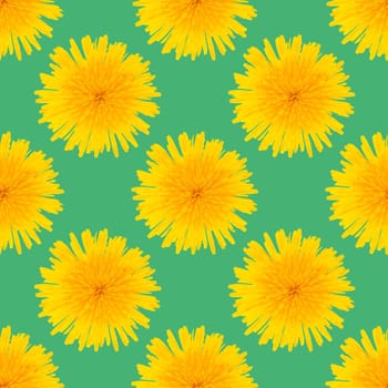 Seamless pattern made from dandelion yellow flowers on a green background.