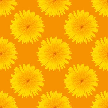 Seamless pattern made from dandelion yellow flowers on an orange background.