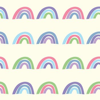 Trendy seamless pattern with colorful rainbow on color background. Design for invitation, poster, card, fabric, textile, fabric. Cute holiday illustration for baby. Scandinavian doodle style.