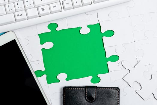 Building An Unfinished White Jigsaw Pattern Puzzle With Missing Last Piece