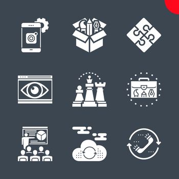 SEO Related Vector Glyph Icons Set. Mobile apps development, cloud computing, seo training, strategy, portfolio demonstration, creative package, contact, global solution, web visiblity.