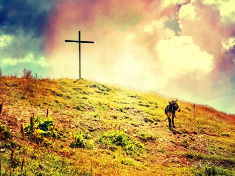 Wooden cross at wank mountain summit, with view to the Alps.  Abstract.