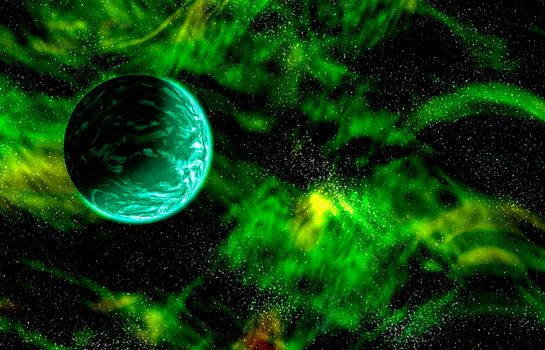 Fantastic green planet and stars in space - 3d rendering