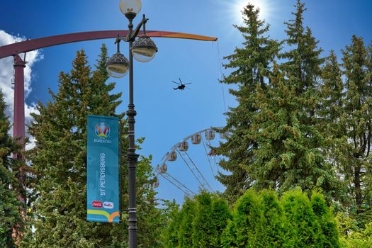 Saint Petersburg, Russia - June 10, 2021: Emblem of Euro 2020 football championship hangs in the city park in St. Petersburg