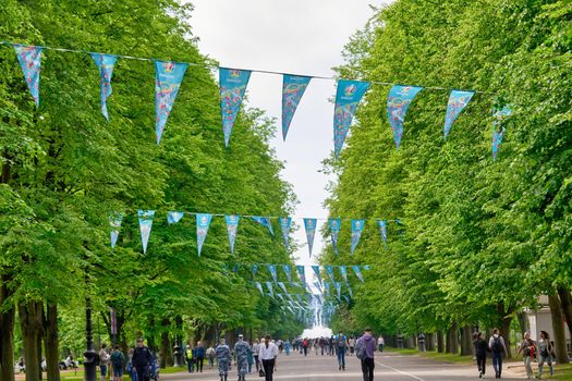 Saint Petersburg, Russia - June 10, 2021: Emblem of Euro 2020 football championship hangs in the city park in St. Petersburg