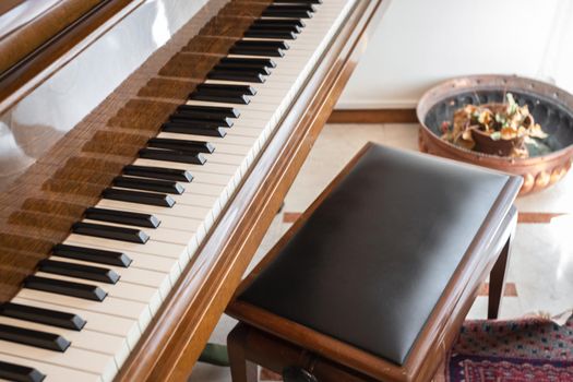 Cropped shot of classical piano in a room with natural light.