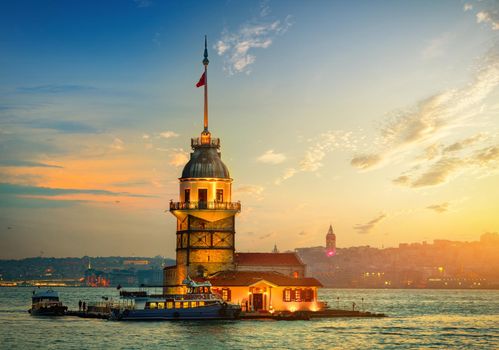 Maiden's Tower in Istanbul at sunset, Turkey