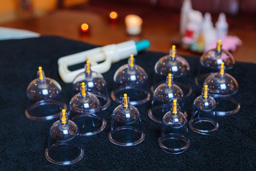 Vacuum vessels for the curative procedure of hijama bloodletting. Bloodletting, phlebotomy, sucking out dead blood cells