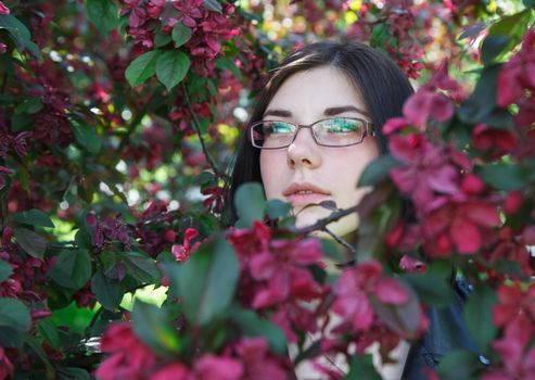 portrait of young beautiful brunette girl in black jacket and burgundy sweater standing near cherry blossoms on sunny spring day. outdoor closeup