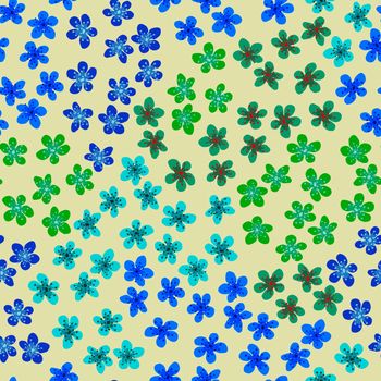 Seamless pattern with blossoming Japanese cherry sakura for fabric, packaging, wallpaper, textile decor, design, invitations, print, gift wrap, manufacturing. Colored flowers on yellow background
