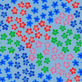 Seamless pattern with blossoming Japanese cherry sakura for fabric, packaging, wallpaper, textile decor, design, invitations, print, gift wrap, manufacturing. Colored flowers on azure background