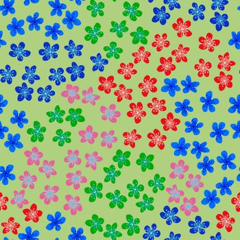 Seamless pattern with blossoming Japanese cherry sakura for fabric, packaging, wallpaper, textile decor, design, invitations, print, gift wrap, manufacturing. Colored flowers on light green background