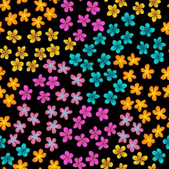 Seamless pattern with blossoming Japanese cherry sakura for fabric, packaging, wallpaper, textile decor, design, invitations, print, gift wrap, manufacturing. Colored flowers on black background