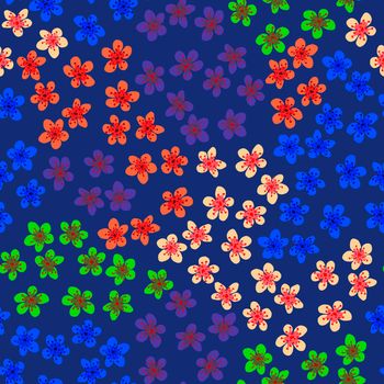 Seamless pattern with blossoming Japanese cherry sakura for fabric, packaging, wallpaper, textile decor, design, invitations, print, gift wrap, manufacturing. Colored flowers on blue background