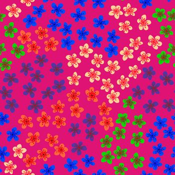 Seamless pattern with blossoming Japanese cherry sakura for fabric, packaging, wallpaper, textile decor, design, invitations, print, gift wrap, manufacturing. Colored flowers on fuchsia background