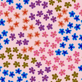 Seamless pattern with blossoming Japanese cherry sakura for fabric, packaging, wallpaper, textile decor, design, invitations, print, gift wrap, manufacturing. Colored flowers on pink background