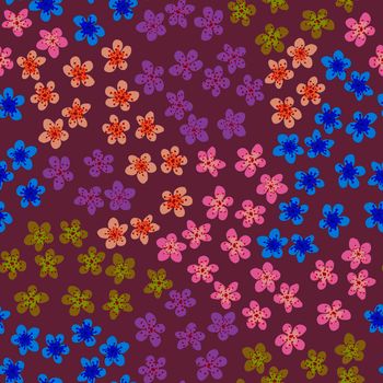 Seamless pattern with blossoming Japanese cherry sakura for fabric, packaging, wallpaper, textile decor, design, invitations, print, gift wrap, manufacturing. Colored flowers on maroon background