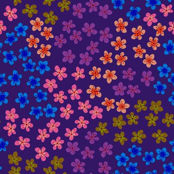 Seamless pattern with blossoming Japanese cherry sakura for fabric, packaging, wallpaper, textile decor, design, invitations, print, gift wrap, manufacturing. Colored flowers on plum background