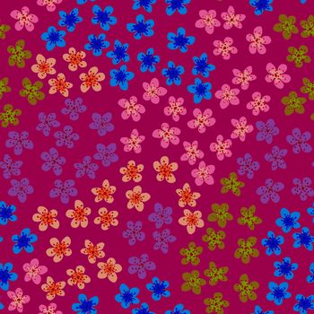 Seamless pattern with blossoming Japanese cherry sakura for fabric, packaging, wallpaper, textile decor, design, invitations, print, gift wrap, manufacturing. Colored flowers on red background