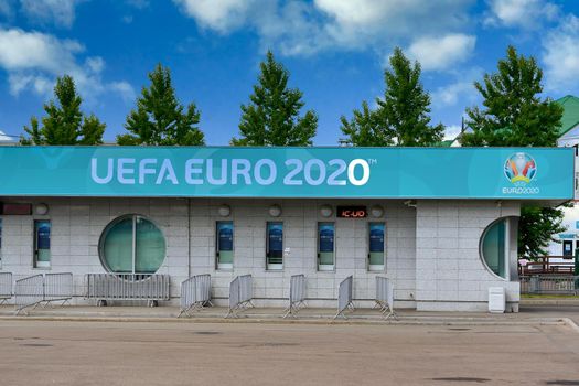 Saint Petersburg, Russia - June 12, 2021: Closed ticket offices of the Euro 2020 football championship in St. Petersburg