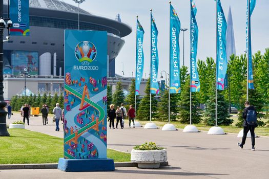 Saint Petersburg, Russia - June 12, 2021: Flags of the Euro 2020 football championship near the stadium in St. Petersburg