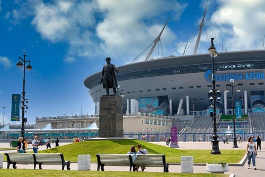Saint Petersburg, Russia - June 12, 2021: People walk near Zenit Stadium during the Euro 2020 championship in St. Petersburg