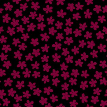 Seamless pattern with blossoming Japanese cherry sakura for fabric, packaging, wallpaper, textile decor, design, invitations, print, gift wrap, manufacturing. Fuchsia flowers on black background