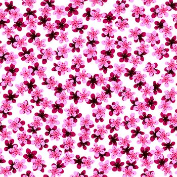 Seamless pattern with blossoming Japanese cherry sakura for fabric,packaging,wallpaper,textile decor,design, invitations,print,gift wrap,manufacturing.Pink and maroon flowers on white background