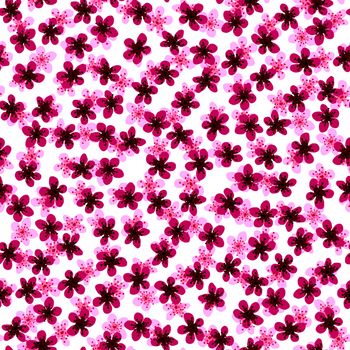 Seamless pattern with blossoming Japanese cherry sakura for fabric,packaging,wallpaper,textile decor,design, invitations,print,gift wrap,manufacturing.Pink and maroon flowers on white background