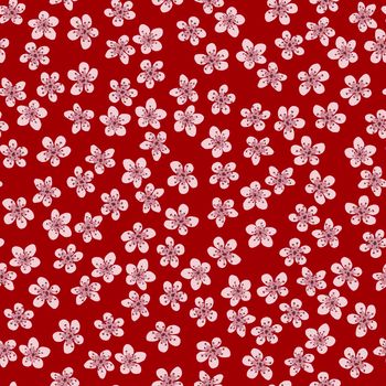 Seamless pattern with blossoming Japanese cherry sakura for fabric, packaging, wallpaper, textile decor, design, invitations, print, gift wrap, manufacturing. Pink flowers on red background