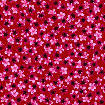 Seamless pattern with blossoming Japanese cherry sakura for fabric,packaging,wallpaper,textile decor,design, invitations,print,gift wrap,manufacturing.Pink and fuchsia flowers on red background