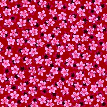 Seamless pattern with blossoming Japanese cherry sakura for fabric,packaging,wallpaper,textile decor,design, invitations,print,gift wrap,manufacturing.Pink and fuchsia flowers on red background