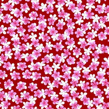 Seamless pattern with blossoming Japanese cherry sakura for fabric,packaging,wallpaper,textile decor,design, invitations,print,gift wrap,manufacturing.Pink and white flowers on red background