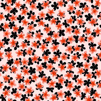 Seamless pattern with blossoming Japanese cherry sakura for fabric,packaging,wallpaper,textile decor,design, invitations,print,gift wrap,manufacturing.Orange and black flowers on pink background