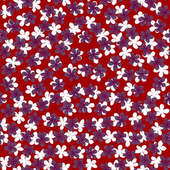 Seamless pattern with blossoming Japanese cherry sakura for fabric,packaging,wallpaper,textile decor,design, invitations,print,gift wrap,manufacturing.Purple and white flowers on red background