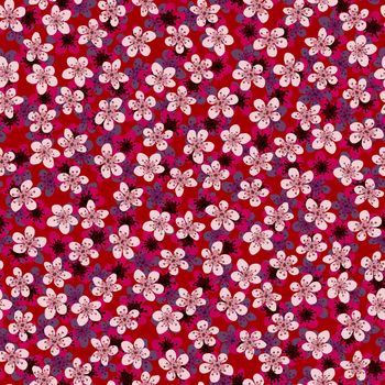 Seamless pattern with blossoming Japanese cherry sakura for fabric,packaging,wallpaper,textile decor,design, invitations,print,gift wrap,manufacturing.Pink and fuchsia flowers on red background